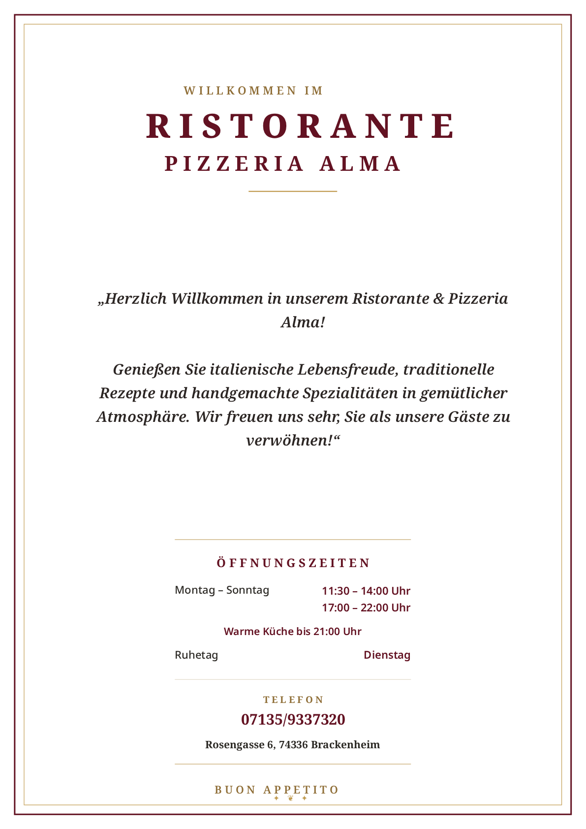 Speisekarte Ristorante Pizzeria Alma Seite-1 Speisekarte Ristorante Pizzeria Alma, Rosengasse 6, 74336 Brackenheim